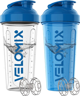 Velomix Twin Shaker Bottles - 28oz Leakproof Protein Mixers with Whisks, Blue & Clear